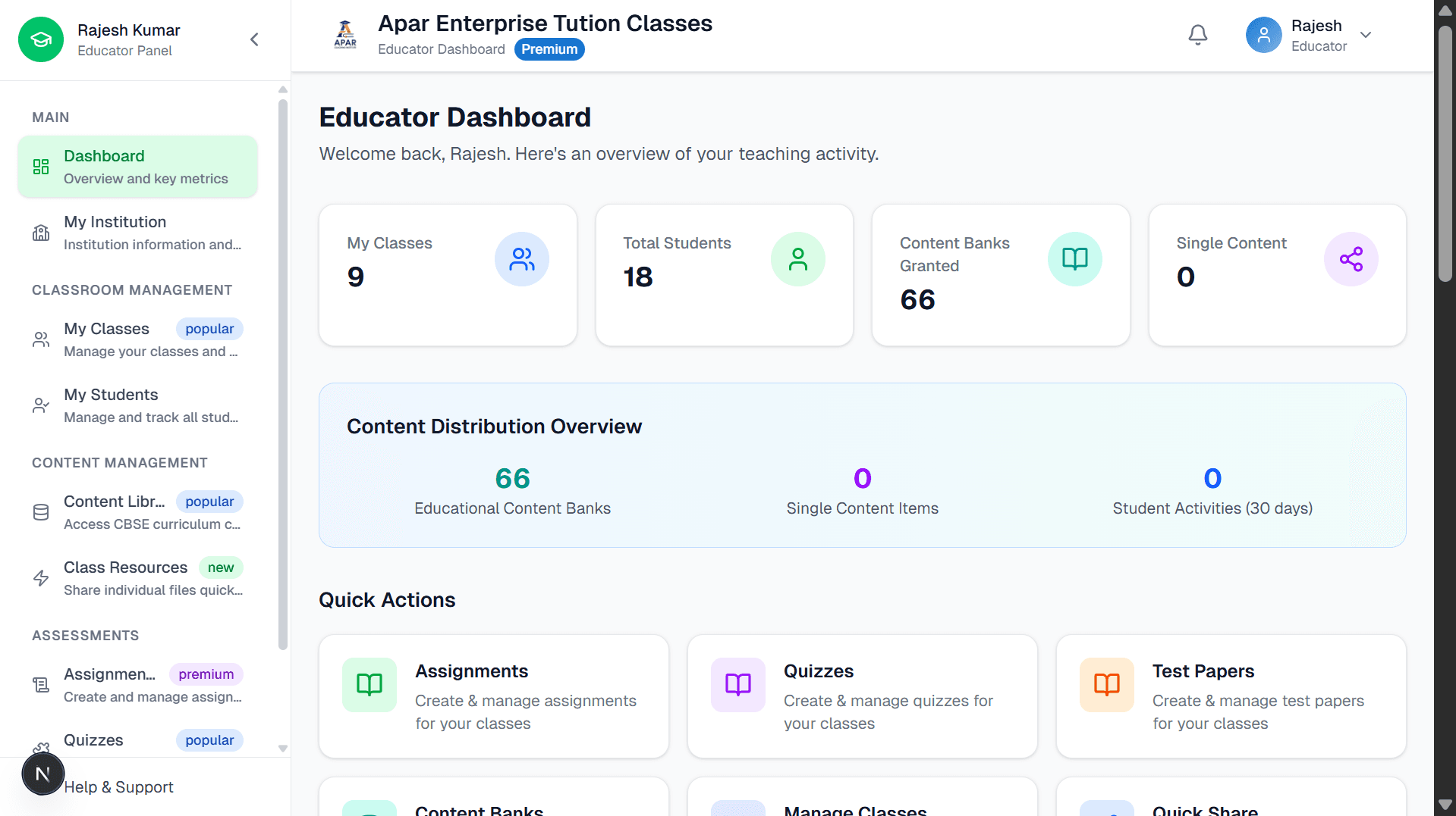 Educator main dashboard with teaching activity overview