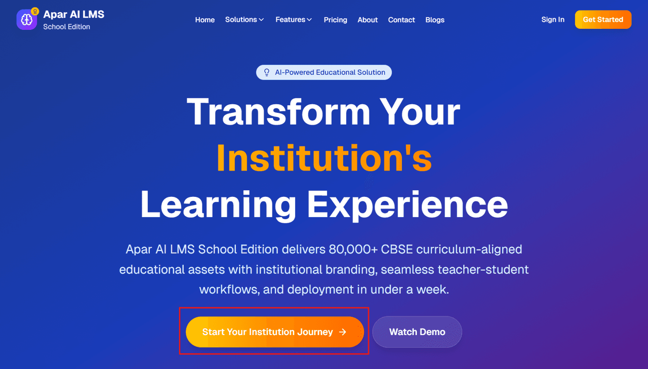 Apar AI CBSE LMS Institution registration landing page
